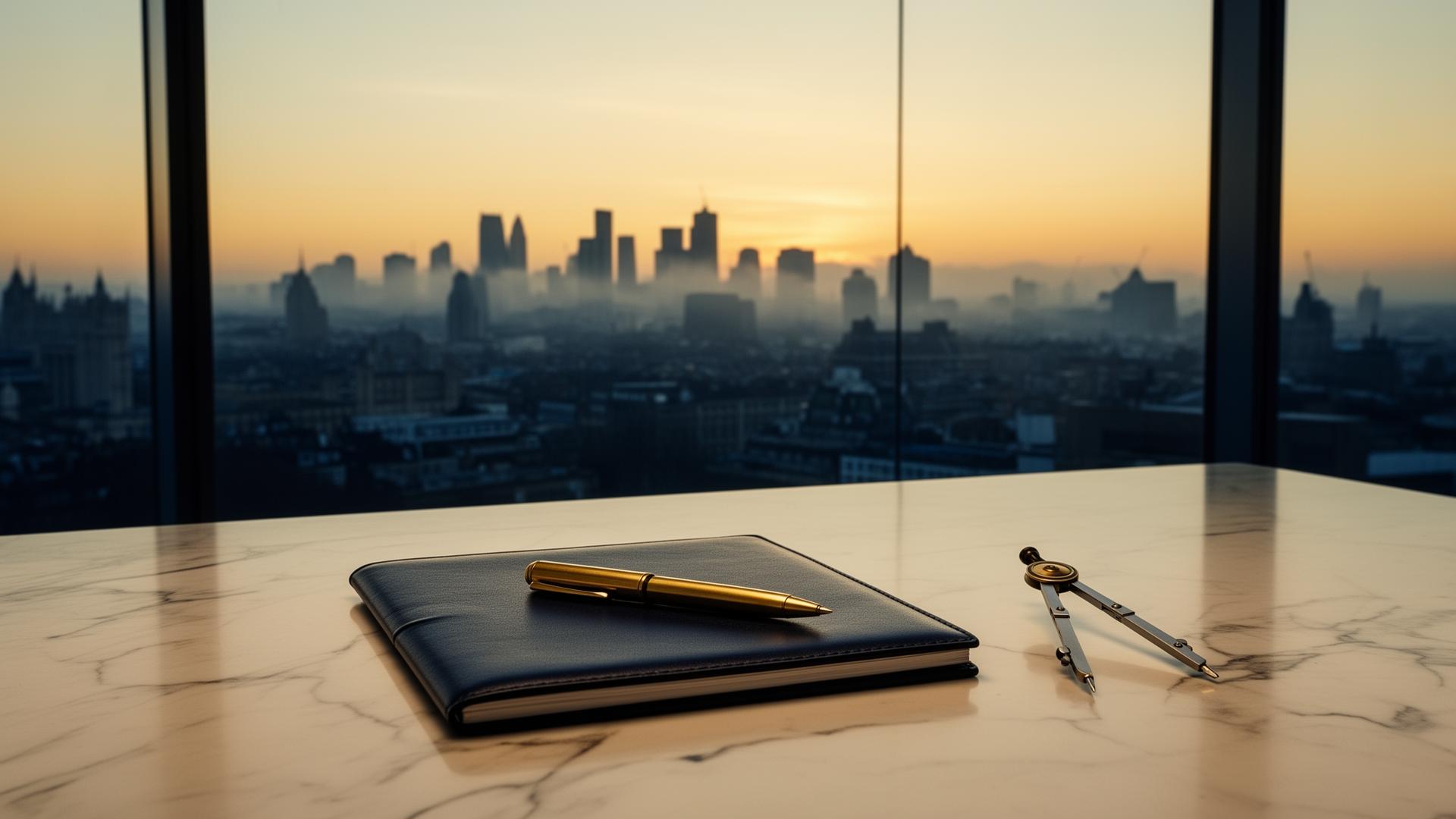 A leather notebook, fountain pen and architect's compass on a marble desk overlooking the London skyline at dawn.